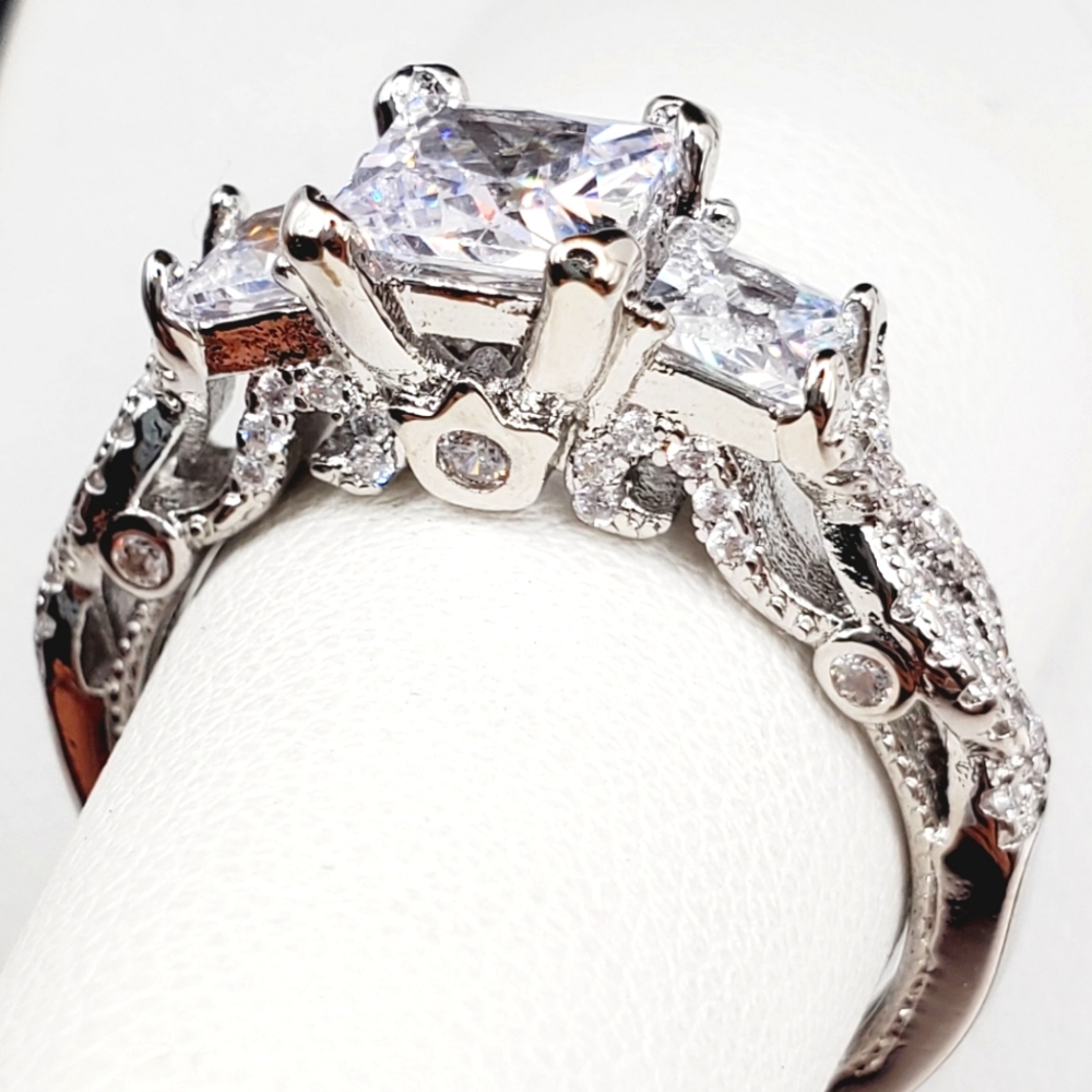 Three Stone Princess Cut Diamond Silver Tone Ring